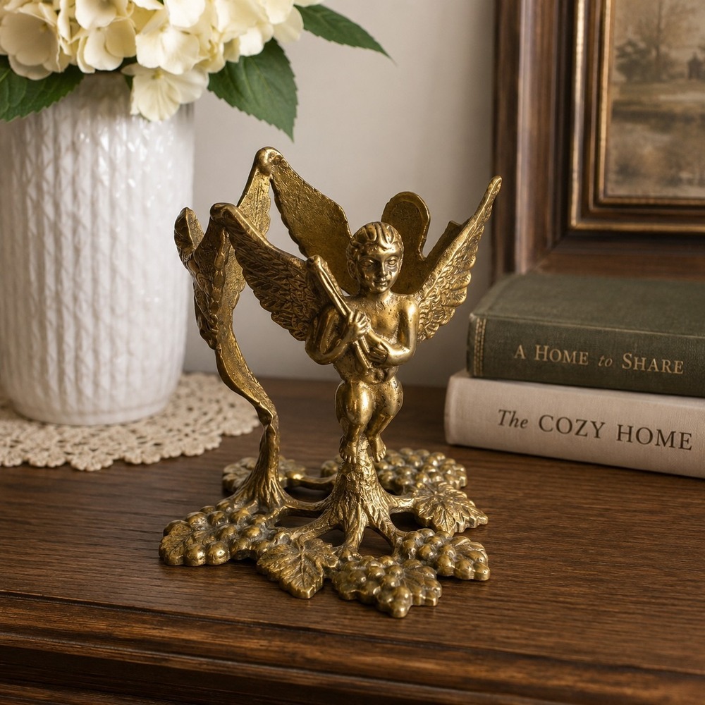 Vintage Solid Brass Angel 4 Light Taper Candle Holder Grapevine Base Made in...